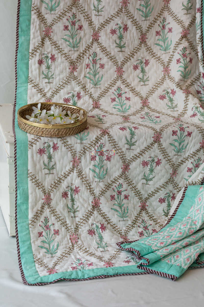 Image for Kusvaa Kaq15 Turquoise Mughal Print Double Bed Quilt Look