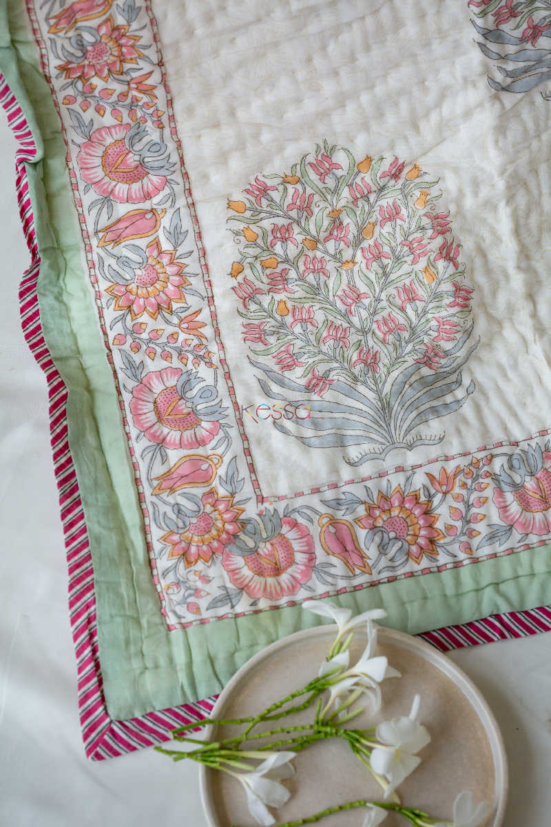 Image for Kusvaa Kaq23 Brandy Rose And Green Block Print Single Bed Quilt Closeup