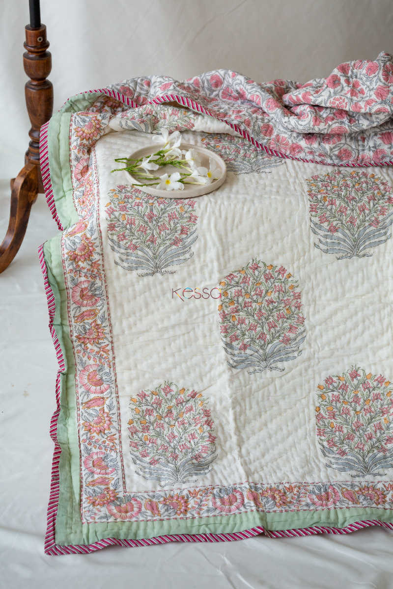 Image for Kusvaa Kaq23 Brandy Rose And Green Block Print Single Bed Quilt Look