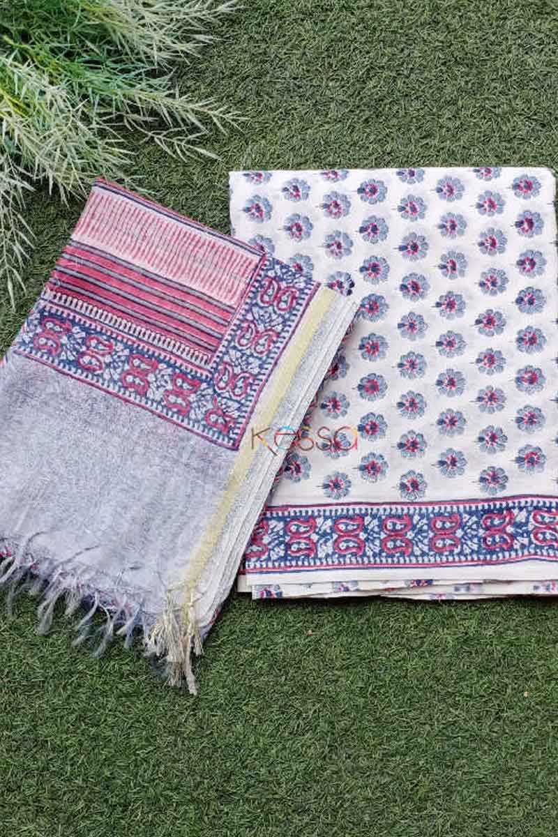 Image for Kusvaa Kf76 Cloud And Red Block Print Chanderi Dupatta Set Closeup