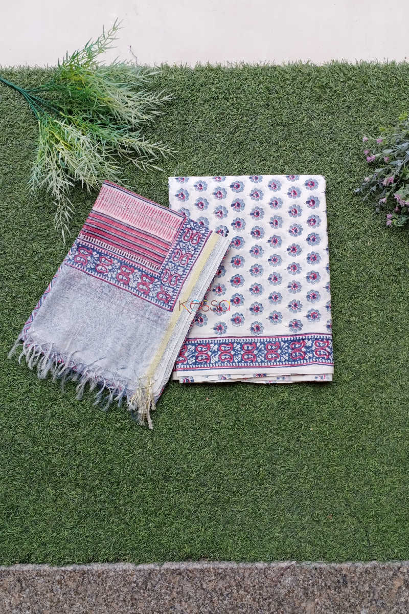 Image for Kusvaa Kf76 Cloud And Red Block Print Chanderi Dupatta Set