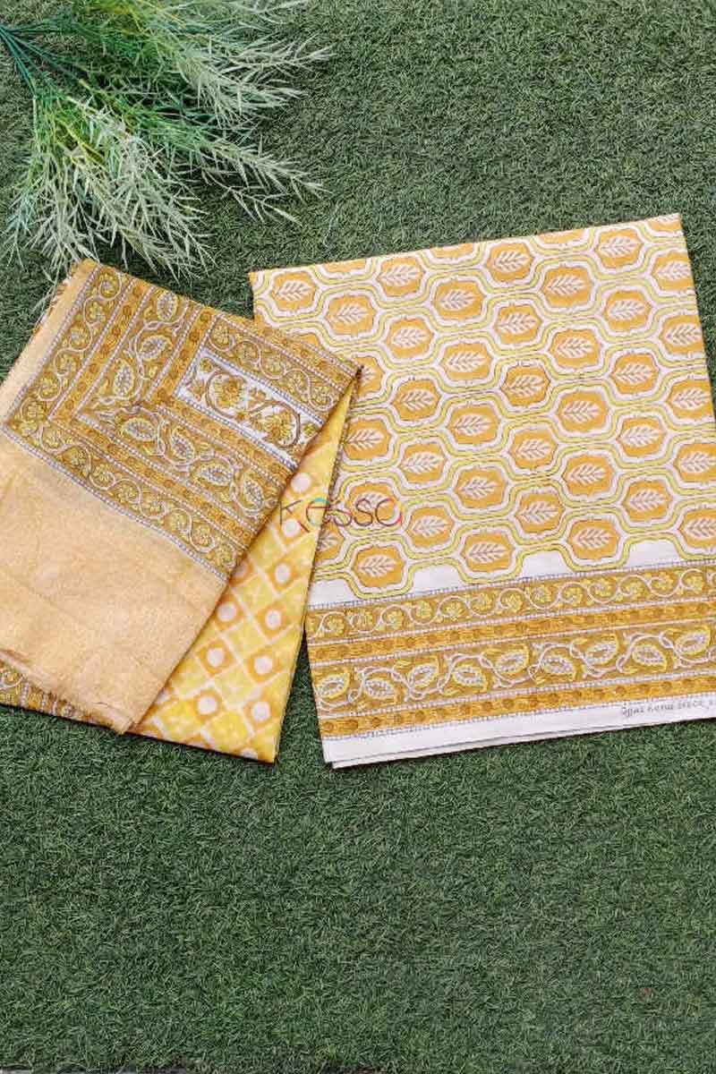 Image for Kusvaa Kf77 Gold Sand Block Print Cotton Dupatta Set Closeup