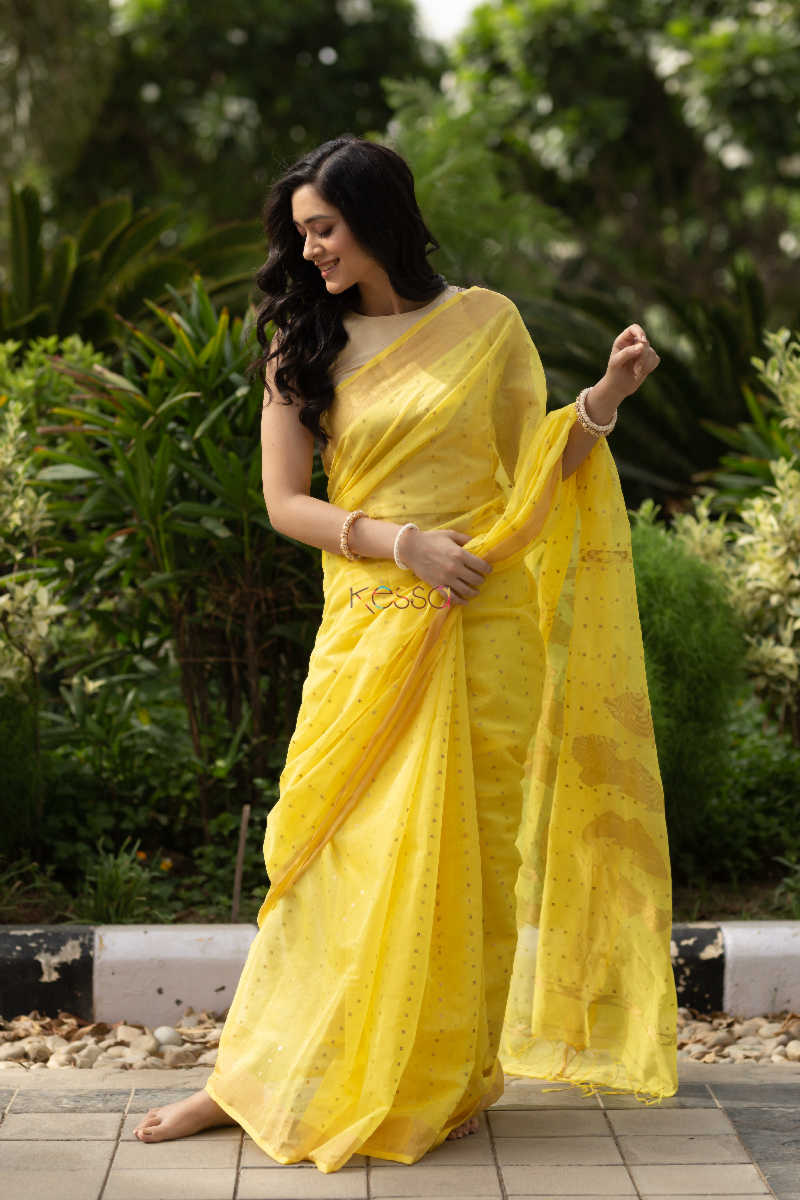 Image for Kusvaa Kurt09 Saffron Gold Chanderi Saree 2