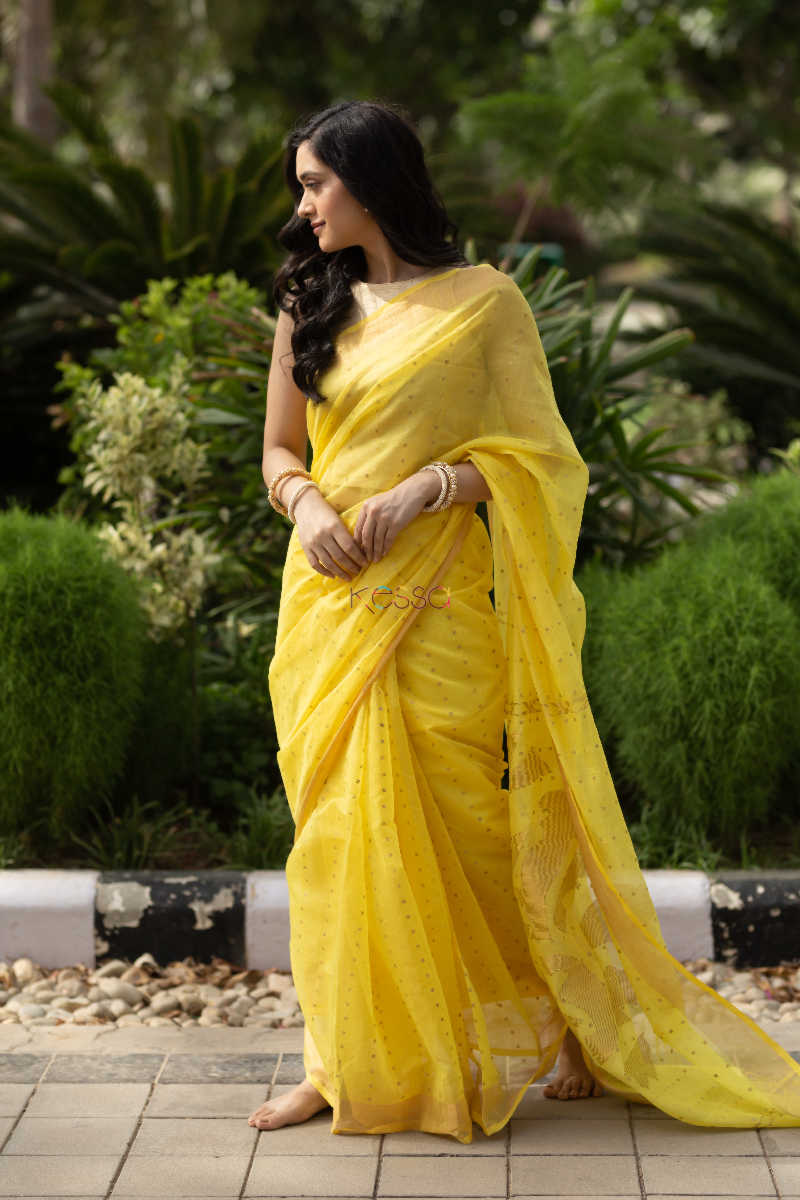 Image for Kusvaa Kurt09 Saffron Gold Chanderi Saree 3