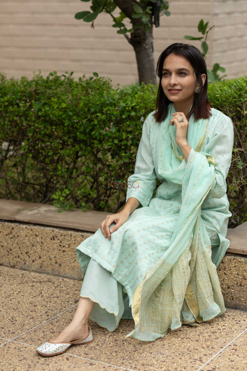 Image for Kusvaa Ws553 Amulet Green Zari Kurta Pant Set Sitting