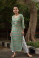 Image for Kusvaa Wsr101 Viridian Green Straight Fit Block Print Kurta 1