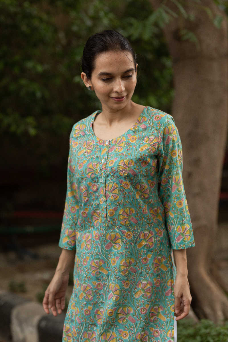 Image for Kusvaa Wsr101 Viridian Green Straight Fit Block Print Kurta 3