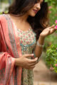 Image for Kusvaa Wsr103 Shadow Green And Sepia Kurta Chanderi Dupatta Set Closeup 2