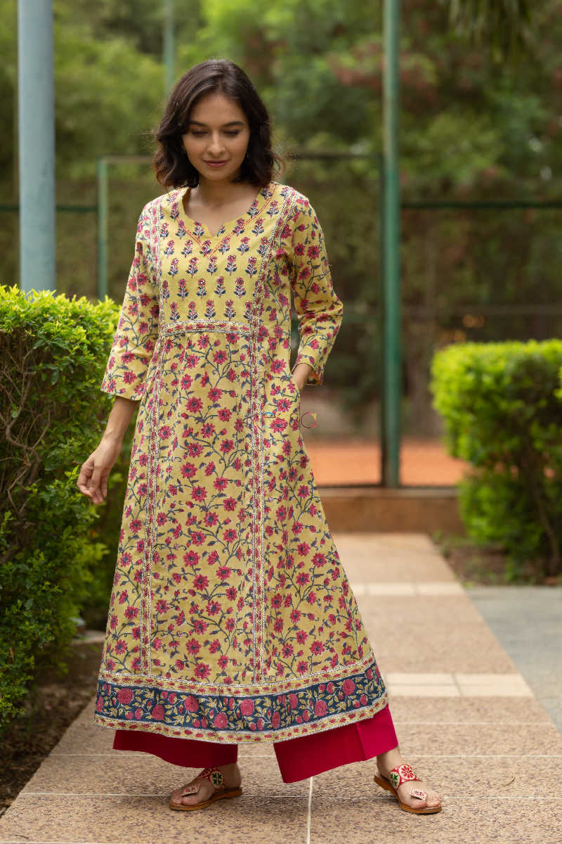 Image for Kusvaa Wsr106 Primerose Yellow And Pink Kurta Look 1