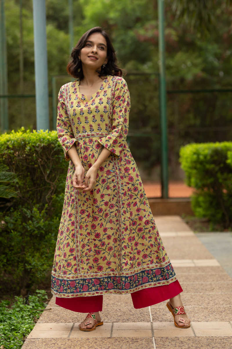 Image for Kusvaa Wsr106 Primerose Yellow And Pink Kurta Look