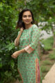 Image for Kusvaa Wsr109 Bay Leaf Green And Pink Block Print Kurta Closeup 1