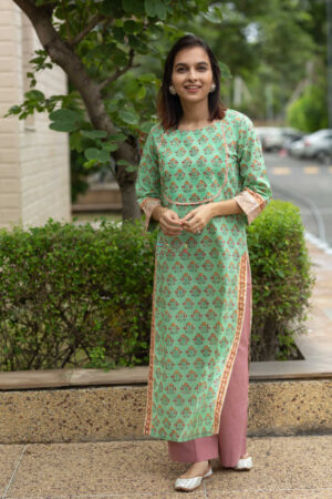 Image for Kusvaa Wsr109 Bay Leaf Green And Pink Block Print Kurta Featured