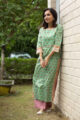 Image for Kusvaa Wsr109 Bay Leaf Green And Pink Block Print Kurta Front 1