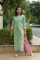 Image for Kusvaa Wsr109 Bay Leaf Green And Pink Block Print Kurta Front