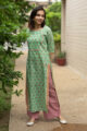 Image for Kusvaa Wsr109 Bay Leaf Green And Pink Block Print Kurta Look