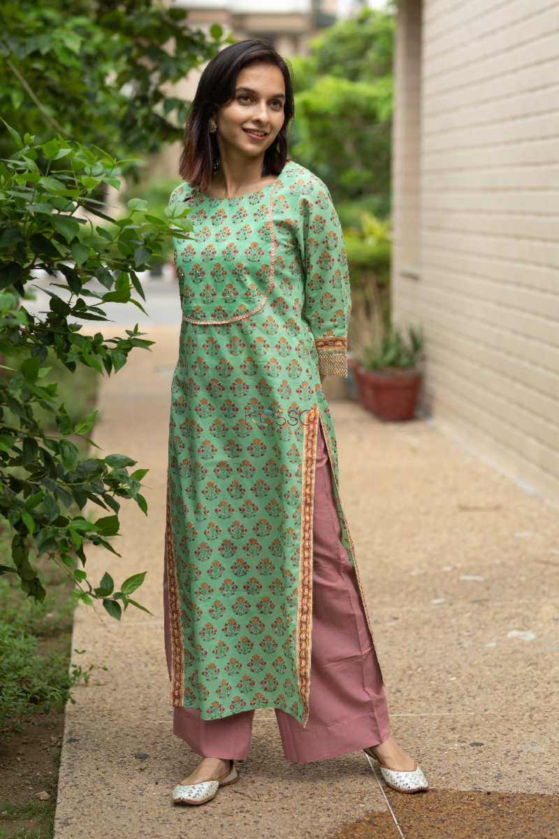 Image for Kusvaa Wsr109 Bay Leaf Green And Pink Block Print Kurta Look