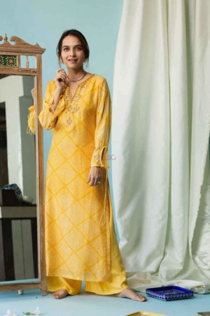 Image for Kupa02 Tussock Yellow Bandhej Muslin Kurta Pant Set Featured