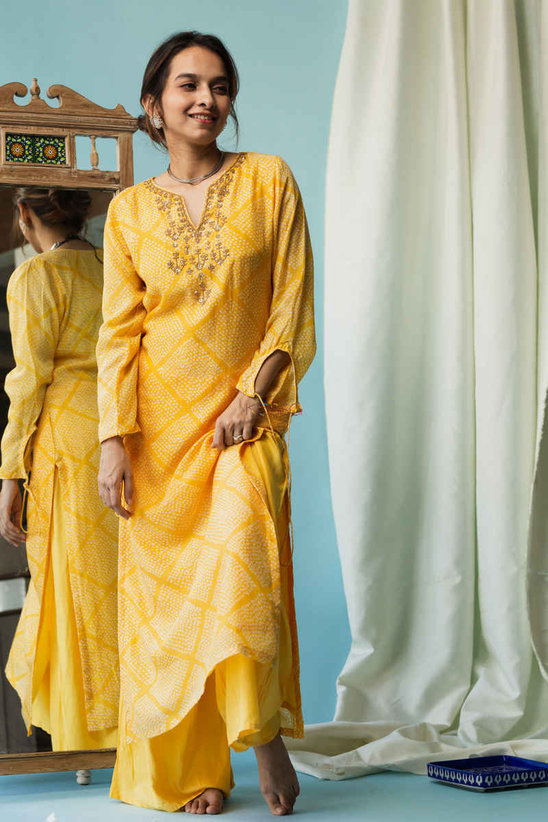 Image for Kupa02 Tussock Yellow Bandhej Muslin Kurta Pant Set Soft