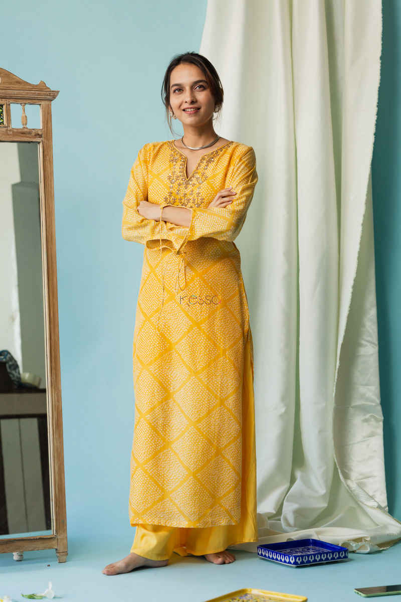 Image for Kupa02 Tussock Yellow Bandhej Muslin Kurta Pant Set