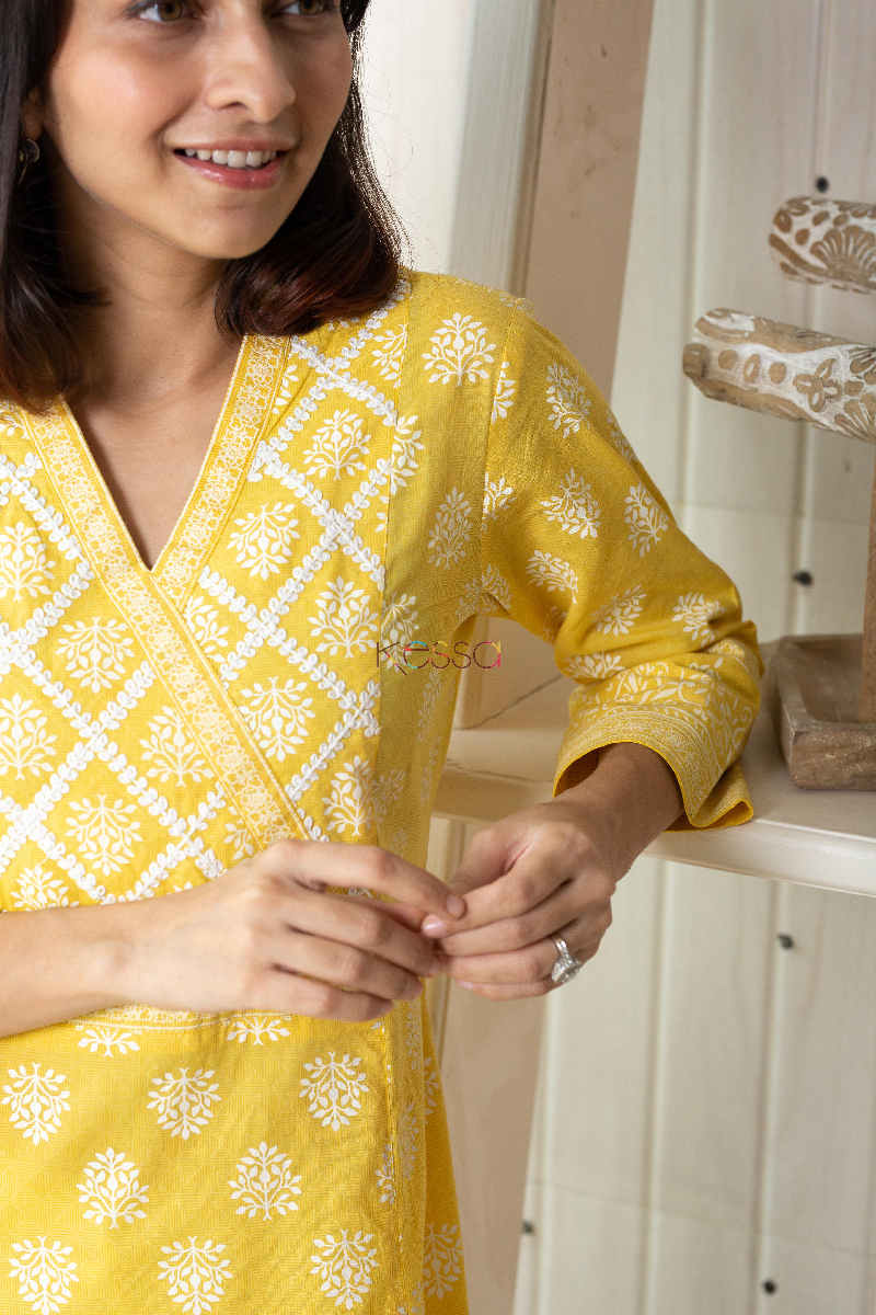 Image for Kusvaa Daf09 Saffron Yellow Screen Printed A Line Kurta Closeup