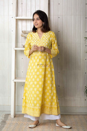 Image for Kusvaa Daf09 Saffron Yellow Screen Printed A Line Kurta Featured