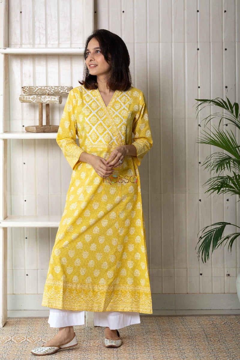 Image for Kusvaa Daf09 Saffron Yellow Screen Printed A Line Kurta Front