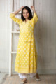 Image for Kusvaa Daf09 Saffron Yellow Screen Printed A Line Kurta Pose