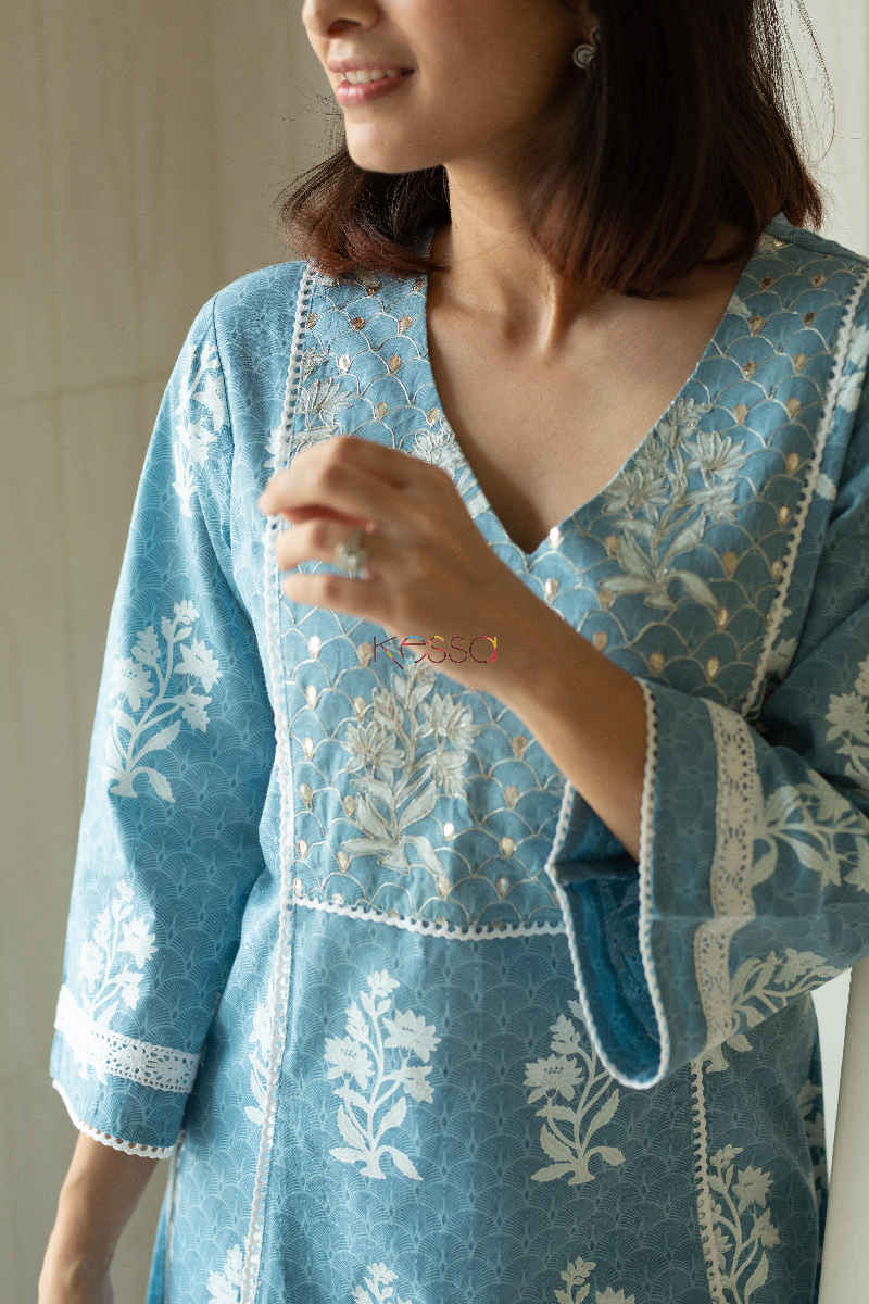 Image for Kusvaa Daf10 Glacier Blue White Crotia Lace A Line Kurta Closeup