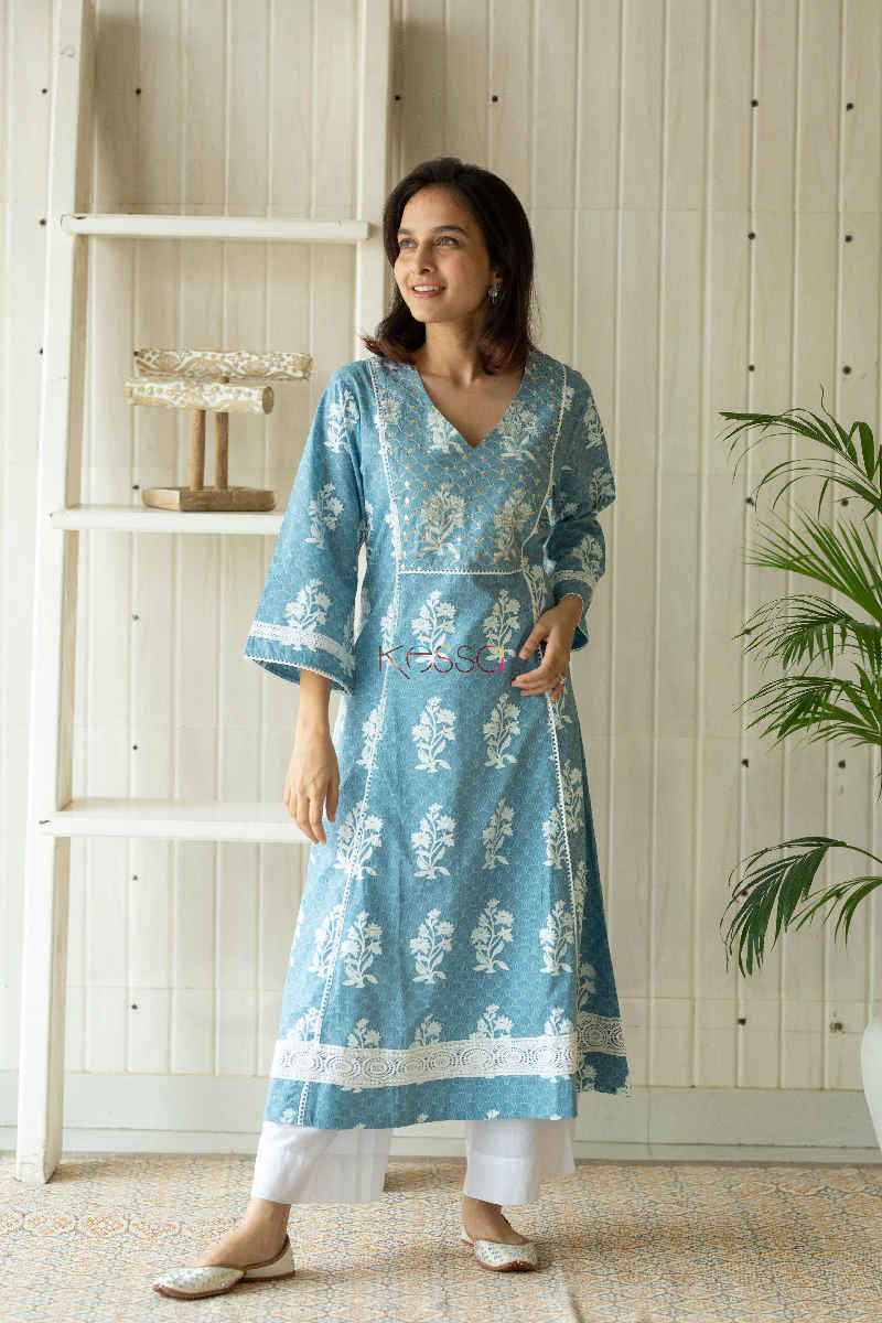 Image for Kusvaa Daf10 Glacier Blue White Crotia Lace A Line Kurta Featured