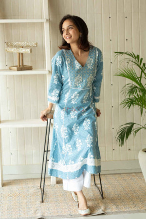 Image for Kusvaa Daf10 Glacier Blue White Crotia Lace A Line Kurta Standing