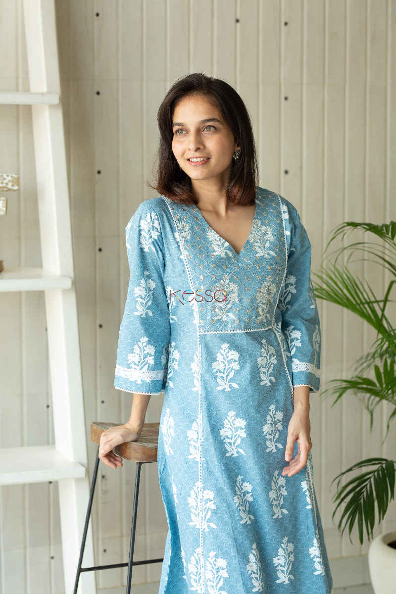 Image for Kusvaa Daf10 Glacier Blue White Crotia Lace A Line Kurta Top