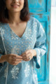 Image for Kusvaa Daf10 Glacier Blue White Crotia Lace A Line Kurta Yoke
