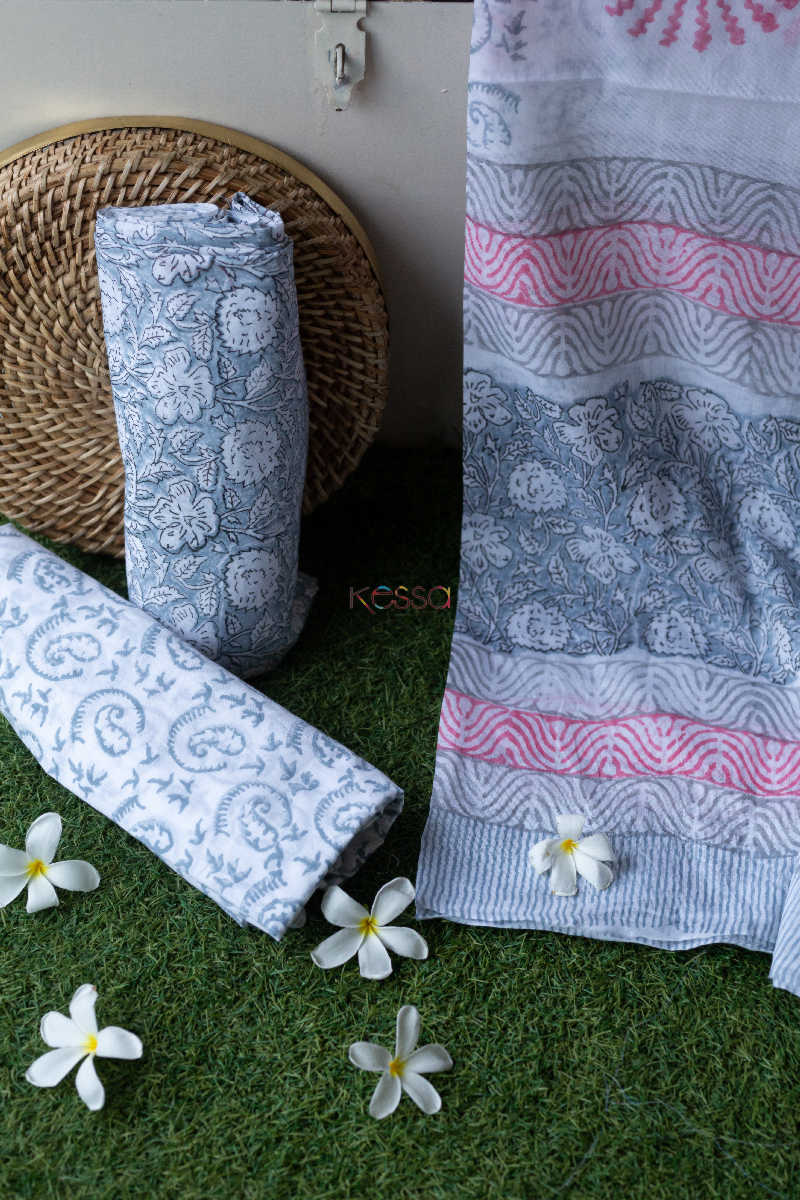 Image for Kusvaa Kf97 Pink And Grey Fabric Cotton Dupatta Full Set Featured