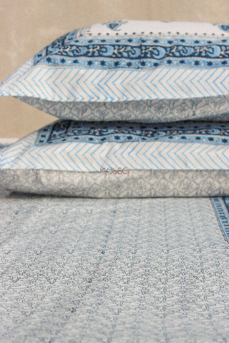 Image for Kusvaa Kpb02 Horizon Blue Paisley Block Print Bedsheet Set Of 3 Closeup