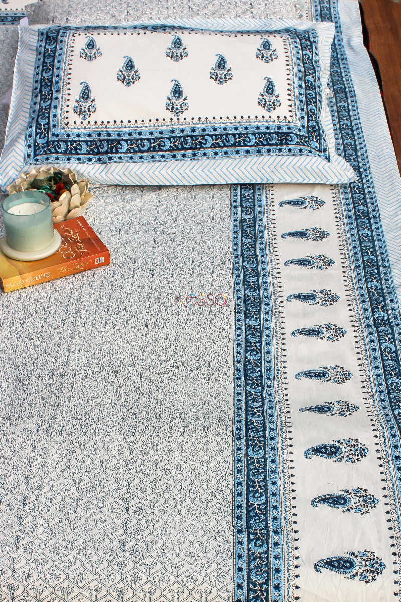 Image for Kusvaa Kpb02 Horizon Blue Paisley Block Print Bedsheet Set Of 3 Featured