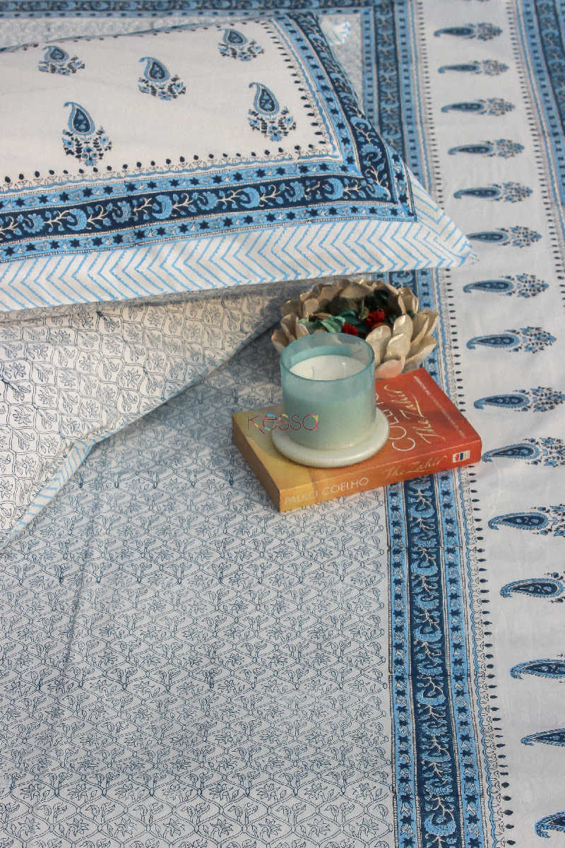 Image for Kusvaa Kpb02 Horizon Blue Paisley Block Print Bedsheet Set Of 3 Look 1