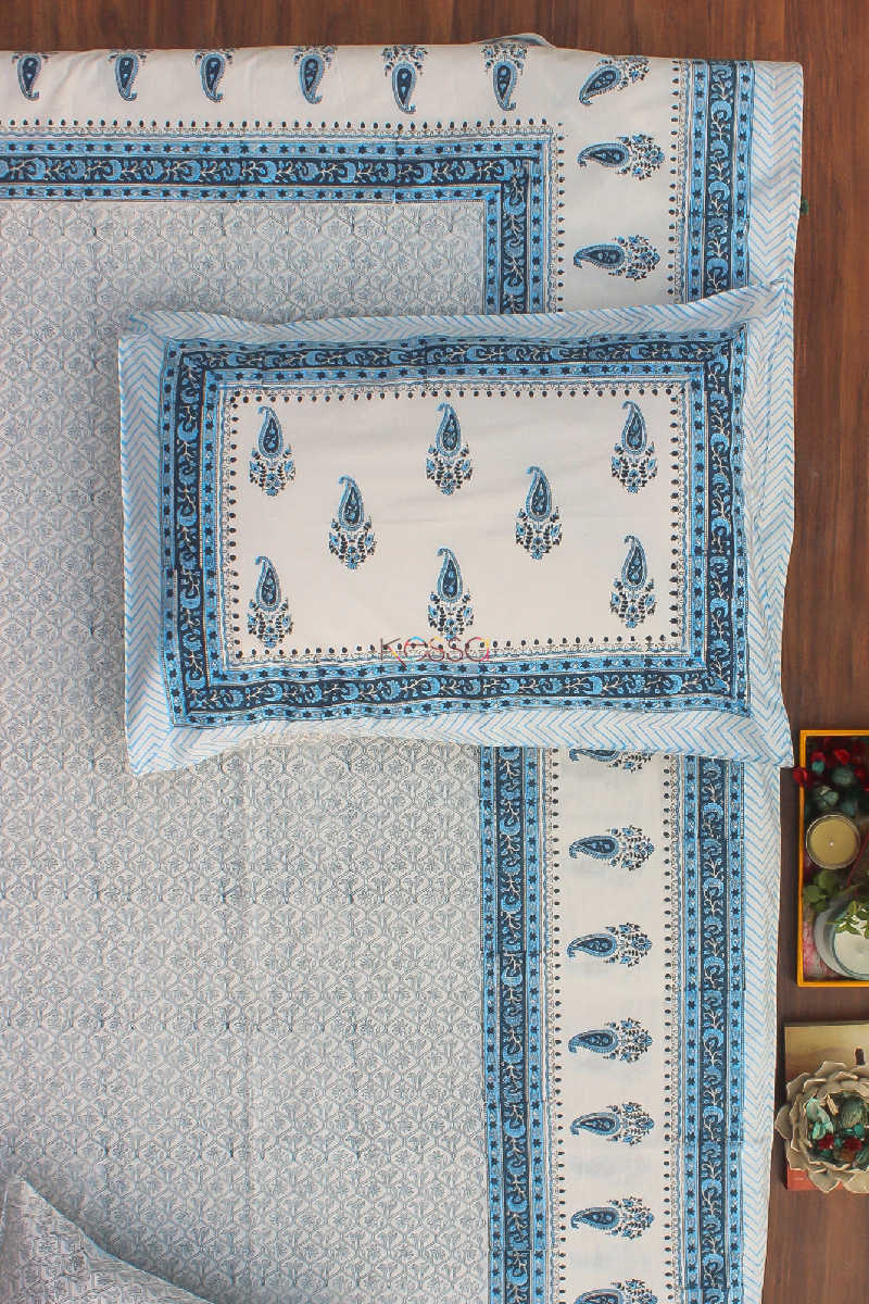 Image for Kusvaa Kpb02 Horizon Blue Paisley Block Print Bedsheet Set Of 3 Look
