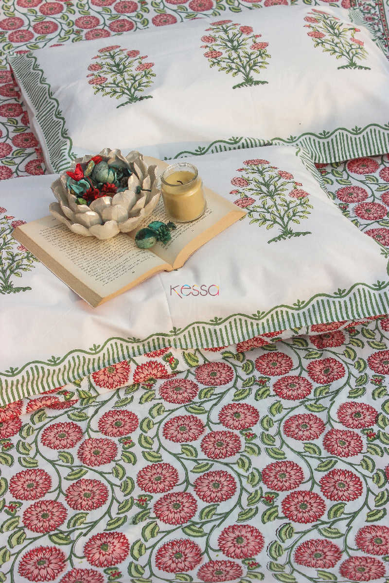 Image for Kusvaa Kpb04 Old Rose And Green Block Print Bedsheet Set Of 3 Featured