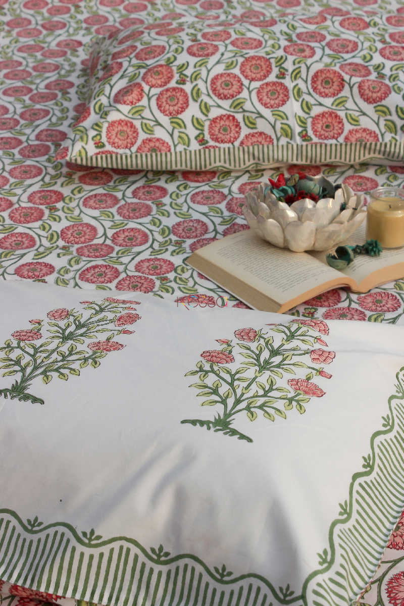Image for Kusvaa Kpb04 Old Rose And Green Block Print Bedsheet Set Of 3 Look 1