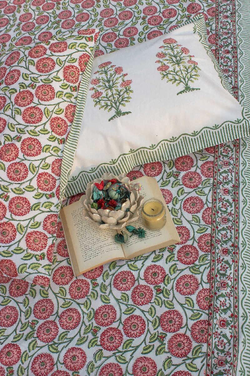 Image for Kusvaa Kpb04 Old Rose And Green Block Print Bedsheet Set Of 3 Look
