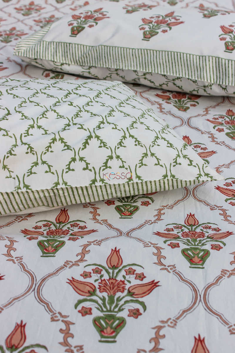 Image for Kusvaa Kpb06 Brandy Rose And Green Block Print Bedsheet Set Of 3 Closeup