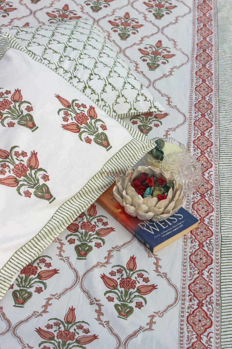 Image for Kusvaa Kpb06 Brandy Rose And Green Block Print Bedsheet Set Of 3 Featured
