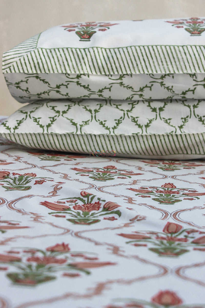 Image for Kusvaa Kpb06 Brandy Rose And Green Block Print Bedsheet Set Of 3 Look