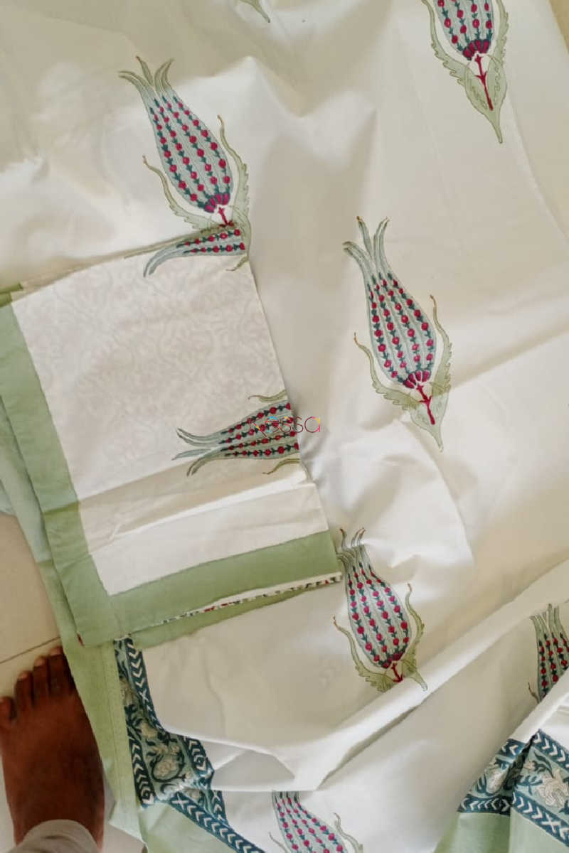 Image for Kusvaa Kpb14 Avacado Green Block Print Bedsheet With Two Pillow Cover