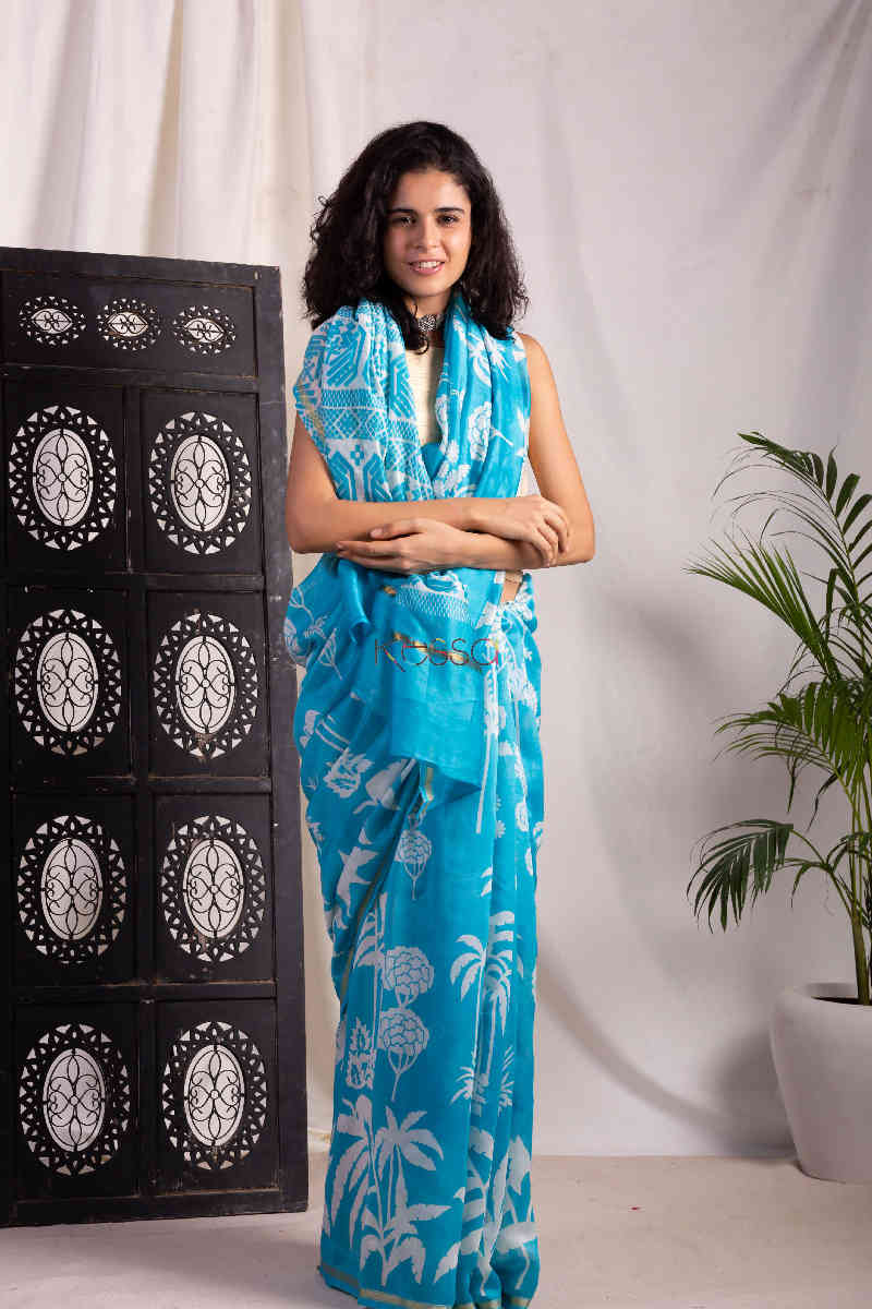 Image for Kusvaa Kunf08 Lochinvar Blue White Bengal Silk Saree Folded