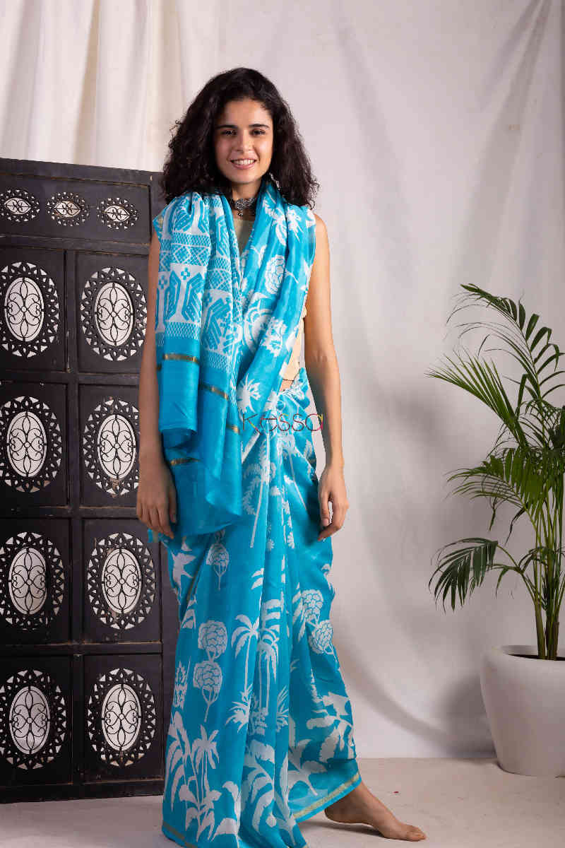 Image for Kusvaa Kunf08 Lochinvar Blue White Bengal Silk Saree