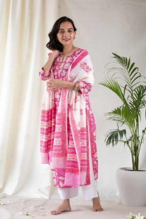 Image for Kusvaa Kuoj08b Pink White Lotus Jaal Kurta Dupatta Set Featured