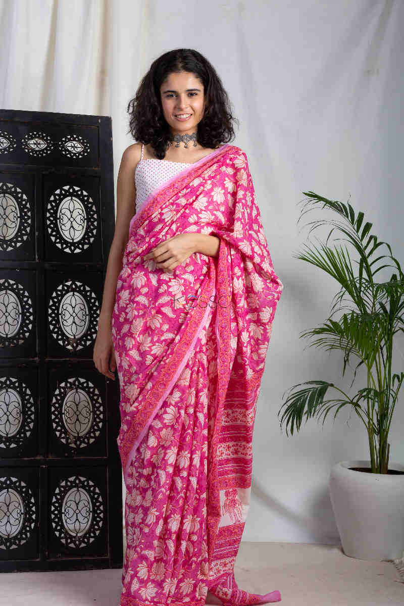 Image for Kusvaa Kuojs01 Lotus Pink Jaal Chanderi Saree Front