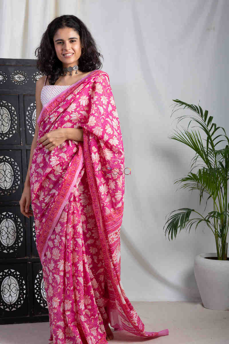 Image for Kusvaa Kuojs01 Lotus Pink Jaal Chanderi Saree Side