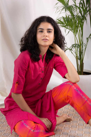Image for Kusvaa Sa07 Punch Orange Magenta Kurta Pant Set